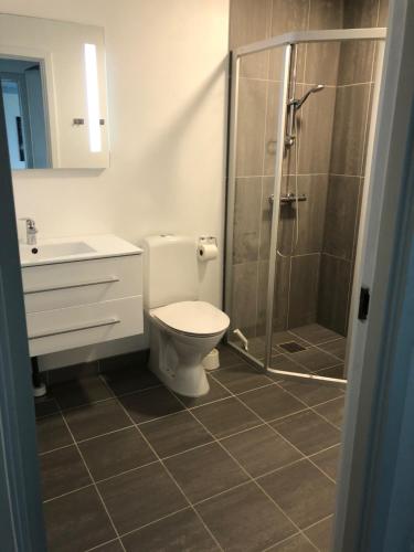 a bathroom with a shower and a toilet and a sink at Feriecentret Østersø Færgegård in Kalvehave