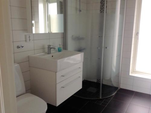 uma casa de banho com um lavatório, um chuveiro e um WC. em Ny Flintarp em Laholm