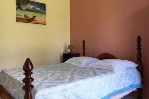 Un dormitorio con una cama y un cuadro en la pared. en Logement en pleine verdure tropicale -10 min plage, en Le Morne Rouge