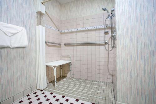 a bathroom with a shower with a bench in it at La Quinta Inn by Wyndham Roanoke Salem in Salem