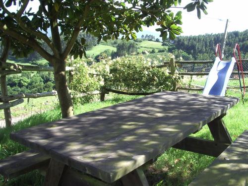 una mesa de picnic de madera con una silla y un árbol en Alojamientos Rurales Peña Crespa, en Tresvilla