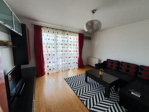 sala de estar con sofá, mesa y ventana en Apartment Richy Brasov, en Brasov