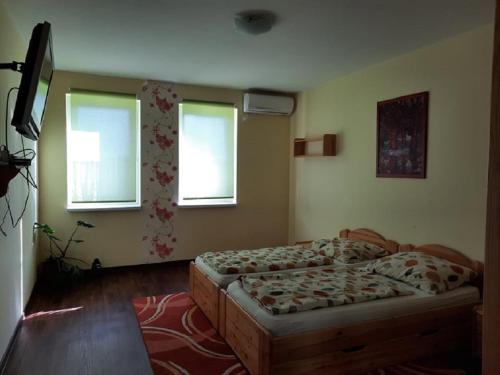 Nagybaracska的住宿－Ponty Orsó Vendégház，一间卧室设有两张床和两个窗户。