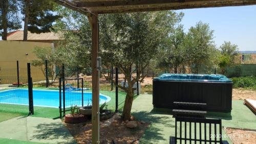 uma piscina com uma banheira de hidromassagem num quintal em Casas Rurales Villa Vicenta em Alcalá del Júcar