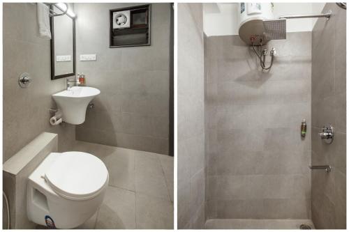 twee foto's van een badkamer met toilet en wastafel bij Hotel The Onyx in Nagpur