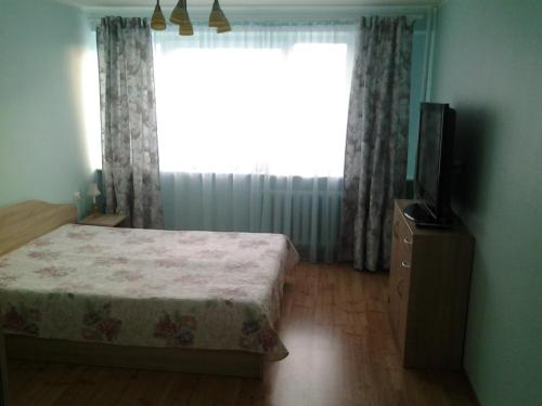 a bedroom with a bed and a television and a window at Lori Apartment in Narva