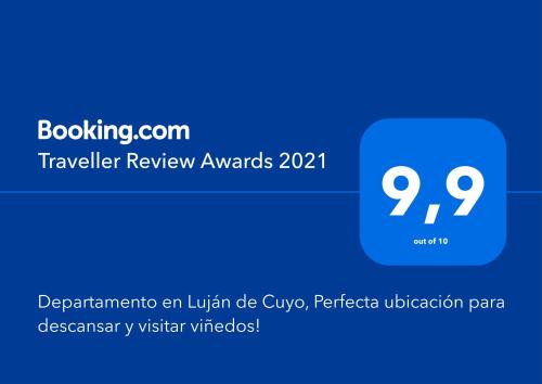 Certifikat, nagrada, logo ili neki drugi dokument izložen u objektu Departamento en Luján de Cuyo, Perfecta ubicación para visitar viñedos!