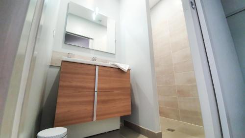 une salle de bain avec un lavabo et un miroir dans l'établissement Le Nid Discret avec Balcon et parking privé gratuit, à Sarlat-la-Canéda