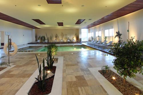 a large indoor pool with plants in a building at Hotel Opus Grand Toluca Aeropuerto in Toluca