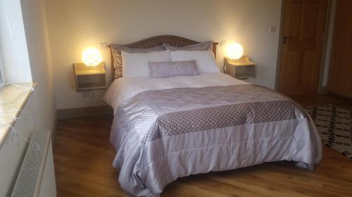 Burren Rock Farmhouse B&B في Turlough: غرفة نوم بسرير كبير فيها مصباحين