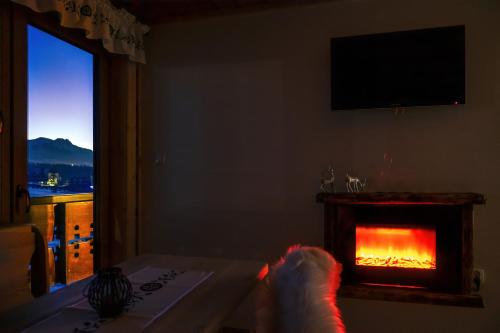 a living room with a fireplace with a view at Willa w Ubocy - "Jacuzzi i Sauna w ofercie dodatkowo płatnej" in Murzasichle