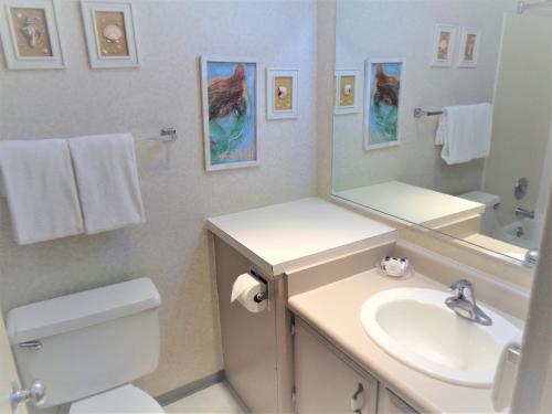 a bathroom with a sink and a toilet and a mirror at The Polynesian Resort in Ocean Shores