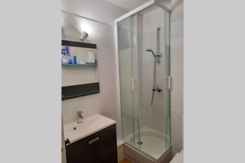 a bathroom with a glass shower and a sink at T2, VUE sur MER, TERRASSE, Parking Privé in Le Barcarès