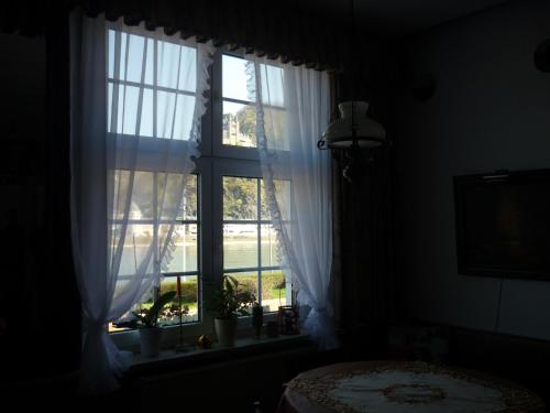 a bedroom with a window with white curtains at Hotel an der Fähre in Sankt Goar