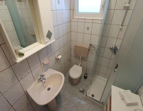 La salle de bains est pourvue d'un lavabo, de toilettes et d'une douche. dans l'établissement Apts Miljenko - 100 m from the beach, à Dobropoljana