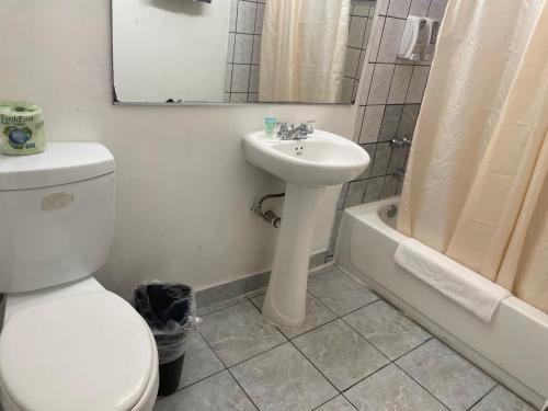 La salle de bains est pourvue de toilettes, d'un lavabo et d'un miroir. dans l'établissement LA Adventurer Hotel, à Inglewood