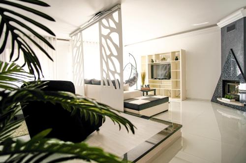 a living room with a couch and a tv at Préstige Holidays Alojamentos in Nazaré