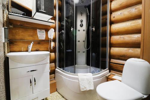 a bathroom with a shower and a toilet and a sink at Spa Resort Kedroviy in Belokurikha
