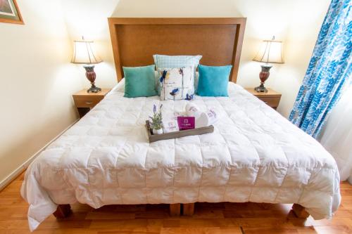 a bedroom with a large white bed with two lamps at Casa Kinich in Guadalajara
