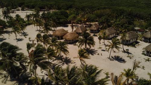 an aerial view of a resort on a beach with palm trees at Cabanas ecoturisticas Costa Maya in Mahahual