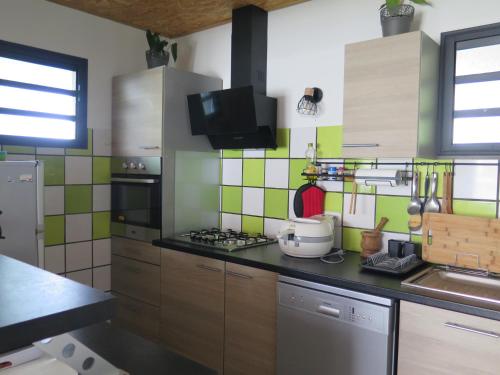 a kitchen with green and white tiles on the wall at LE FRUIT A PAIN in Saint-Joseph