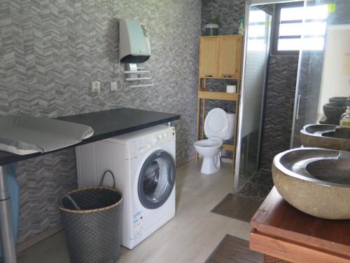 La salle de bains est pourvue d'un lave-linge et d'un lavabo. dans l'établissement LE FRUIT A PAIN, à Saint-Joseph