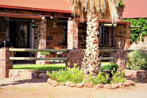 a palm tree in front of a building at Duwisib Guest Farm in Duwisib