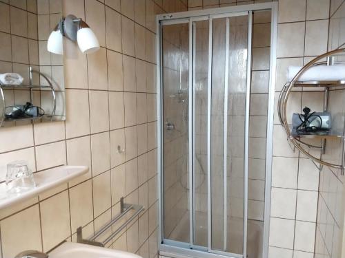 La salle de bains est pourvue d'une douche avec une porte en verre. dans l'établissement Pension "Der Sulzbachhof", à Lehrberg