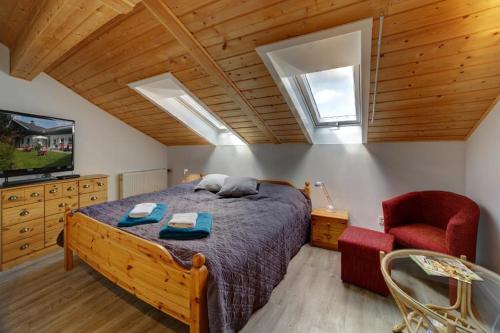 - une chambre avec un lit, une télévision et une chaise dans l'établissement Haus am Silberbergbach, à Bodenmais