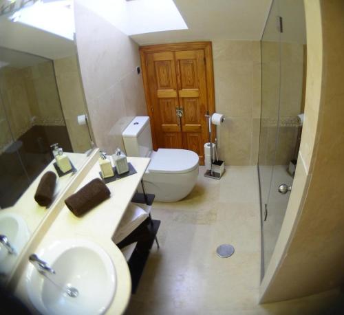 y baño con lavabo, aseo y ducha. en Apartamento El Desván, en Pedraza-Segovia