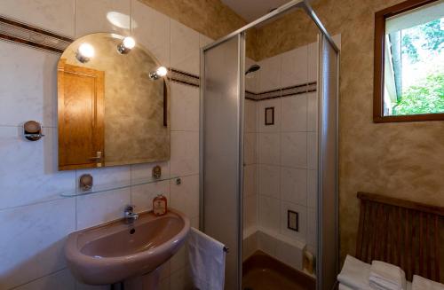La salle de bains est pourvue d'un lavabo et d'une douche. dans l'établissement Les Prunelliers, à Rambouillet
