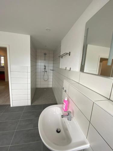 ein weißes Bad mit einem Waschbecken und einer Dusche in der Unterkunft Schöne Ferienwohnung in Landsberg in Landsberg