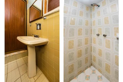 two pictures of a bathroom with a sink at Hotel San Marcos in Los Mochis