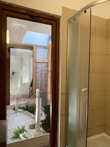 a bathroom with a shower and a mirror at Amazing Savoya nr1 Loft Old City Center Self check-in in Timişoara