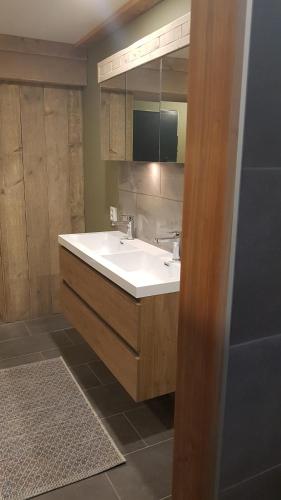 a bathroom with a white sink and a mirror at Berghaus Weissbriach in Weissbriach