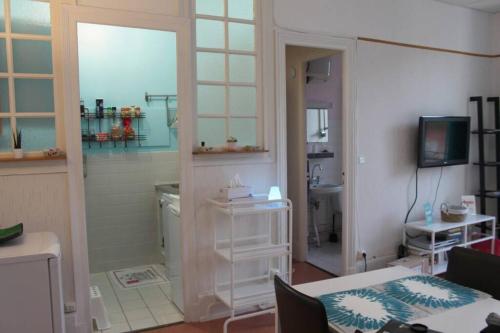 a room with a bathroom with a sink and a television at Le Volcan au Vert WIFI 42m2 Face au parc in Châtel-Guyon