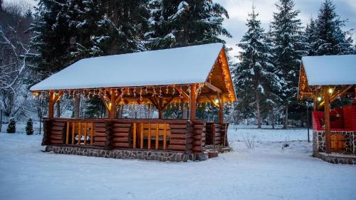 a log cabin with snow on top of it at Casa Danielle in Topliţa