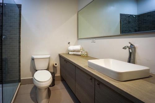 uma casa de banho com um WC, um lavatório e um espelho. em Coral Suites em San Juan