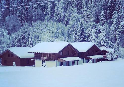 a house covered in snow in front of a mountain at Feriendorf X-Alp Lodges Ötztal in Sautens