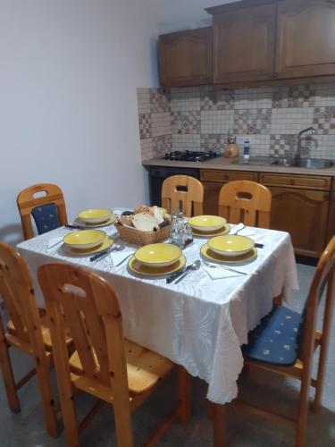 a table with yellow plates and a basket of food on it at Pensiunea Natura Sadu in Sibiu