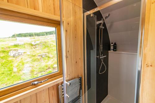 eine Dusche in einem winzigen Haus mit Fenster in der Unterkunft Lawers Luxury Glamping Pet Friendly Pod at Pitilie Pods in Aberfeldy