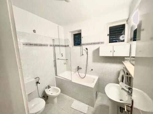 a bathroom with a toilet and a sink and a shower at Villa Bougenvilia Tomas in Tučepi