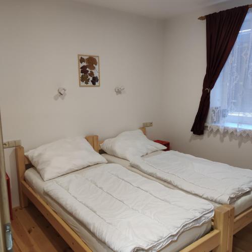 two twin beds in a room with a window at Apartmán Špacír in Velké Pavlovice