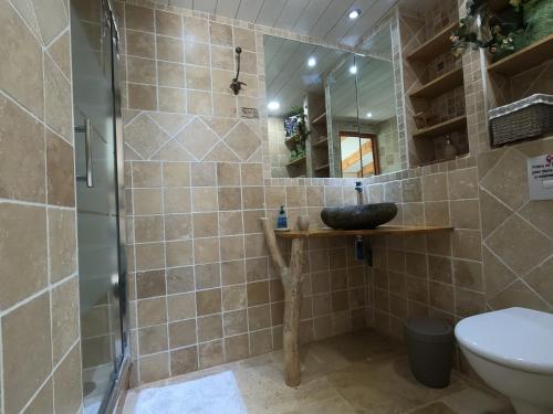 Muro的住宿－Chez Marco Gîte & SPA U FILANCIU，浴室配有盥洗盆和带镜子的淋浴