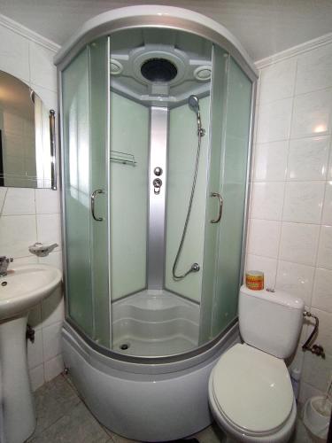 a bathroom with a shower and a toilet and a sink at Вотавілю Драгобрат in Dragobrat
