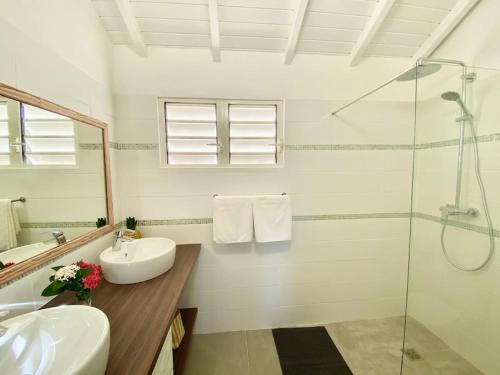 ein Bad mit einem Waschbecken und einer Glasdusche in der Unterkunft Beautiful suite S19 with pool and sea view in Cul de Sac