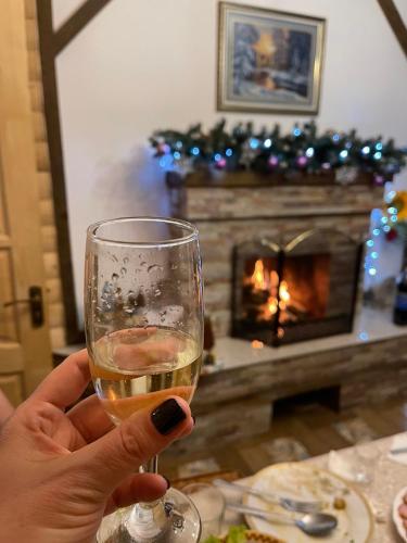 a person holding a glass of wine in front of a fireplace at Karpatska Mria in Yaremche