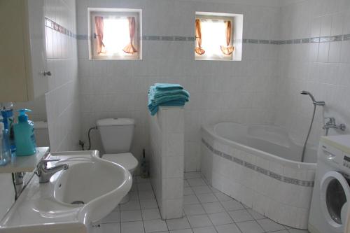 Un baño con lavabo, bañera e inodoro. en Chlalupa se zahradou - Chlum u Třeboně, en Chlum u Třeboně