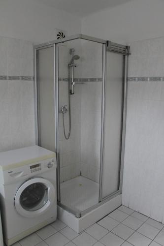 eine Dusche und eine Waschmaschine im Bad in der Unterkunft Chlalupa se zahradou - Chlum u Třeboně in Chlum u Třeboně