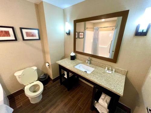 a bathroom with a toilet and a sink and a mirror at Comfort Suites Bluffton-Hilton Head Island in Bluffton